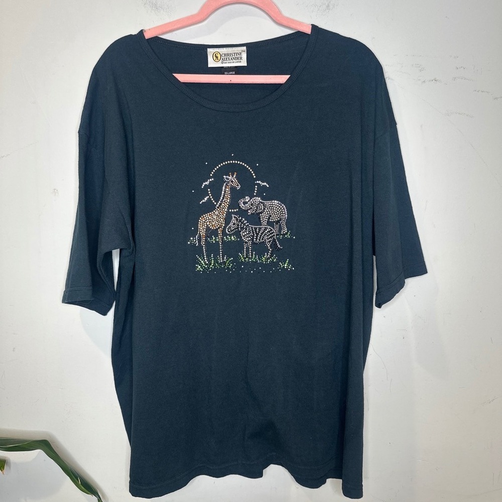 True Vintage Grandpa Safari Rhinestone T-Shirt Black Giraffe Elephant Zebra XXL